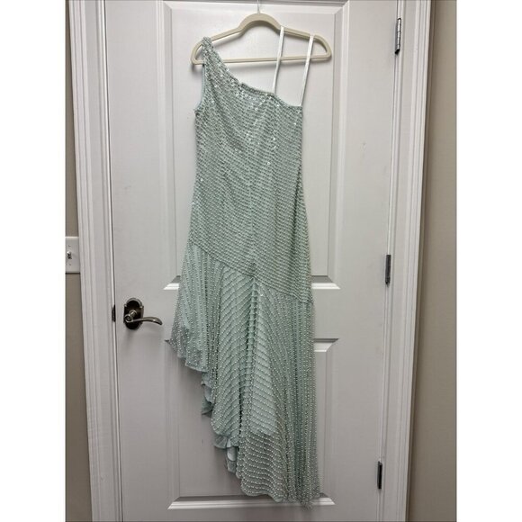 MAC DUGGAL Size 10 Green 93741 ONE SHOULDER Pearl Sequin Midi GOWN Formal Dress - Picture 7 of 11